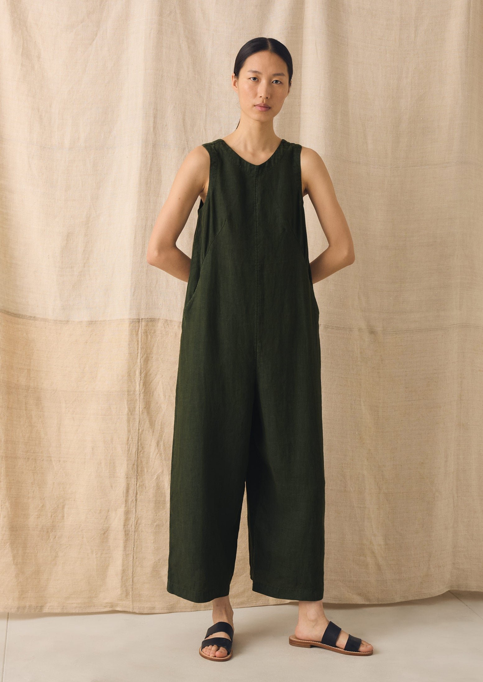 Garment Dyed Linen Scoop Back Jumpsuit | Dark Olive - Image 2