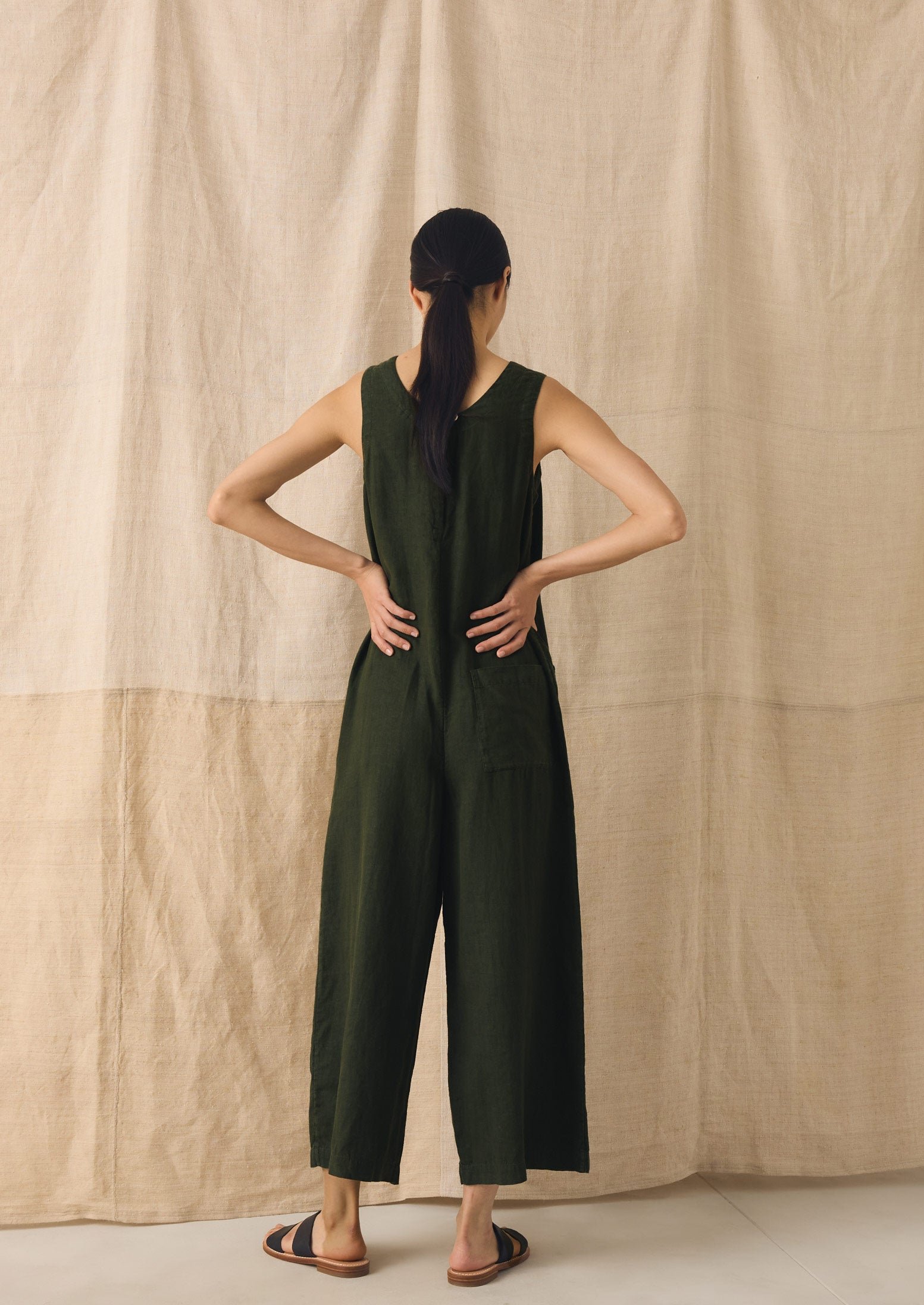 Garment Dyed Linen Scoop Back Jumpsuit | Dark Olive - Image 3