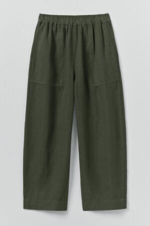 Garment Dyed Linen Barrel Leg Trousers | Dark Olive