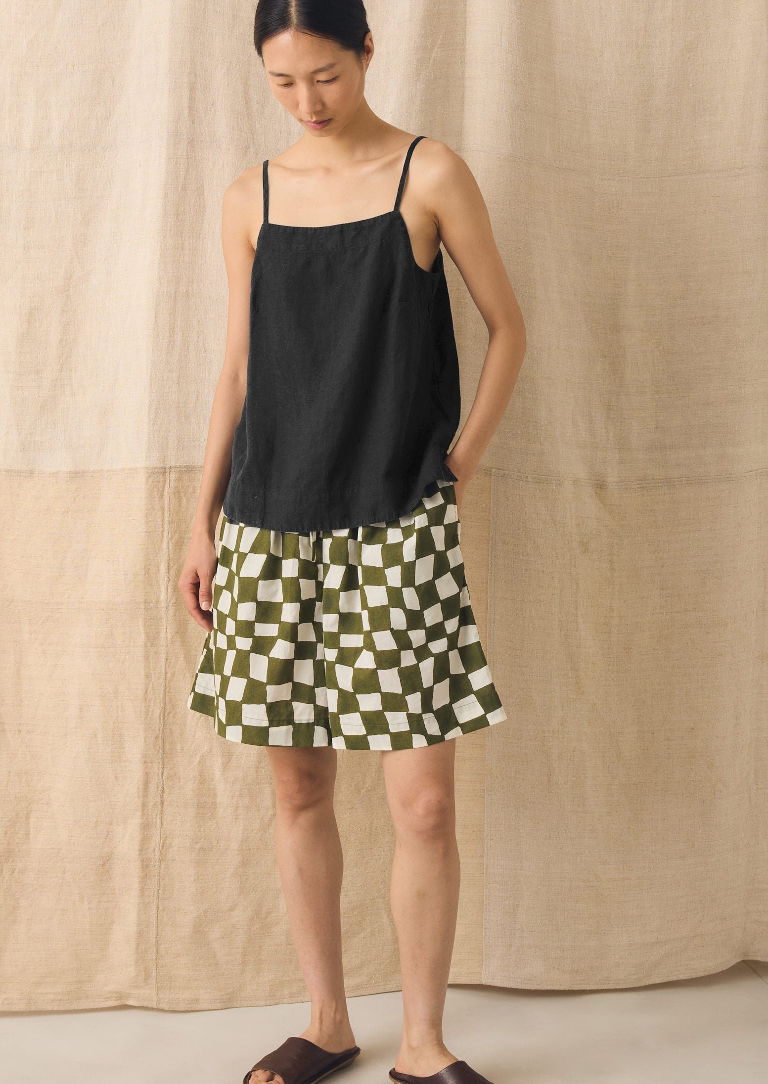 Block Print Warp Check Shorts | Olive - Image 4