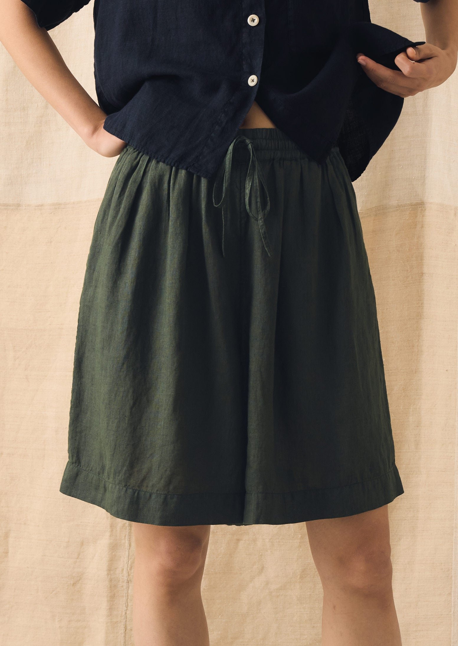 Garment Dyed Lightweight Linen Shorts | Dark Olive - Image 2