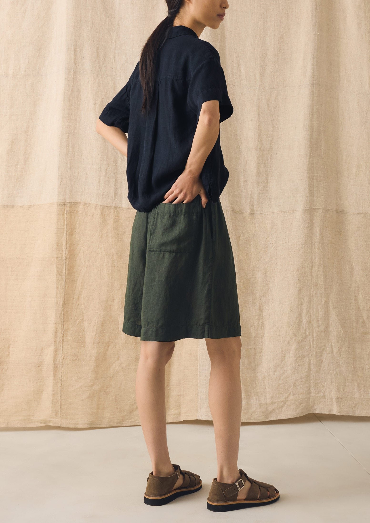 Garment Dyed Lightweight Linen Shorts | Dark Olive - Image 3