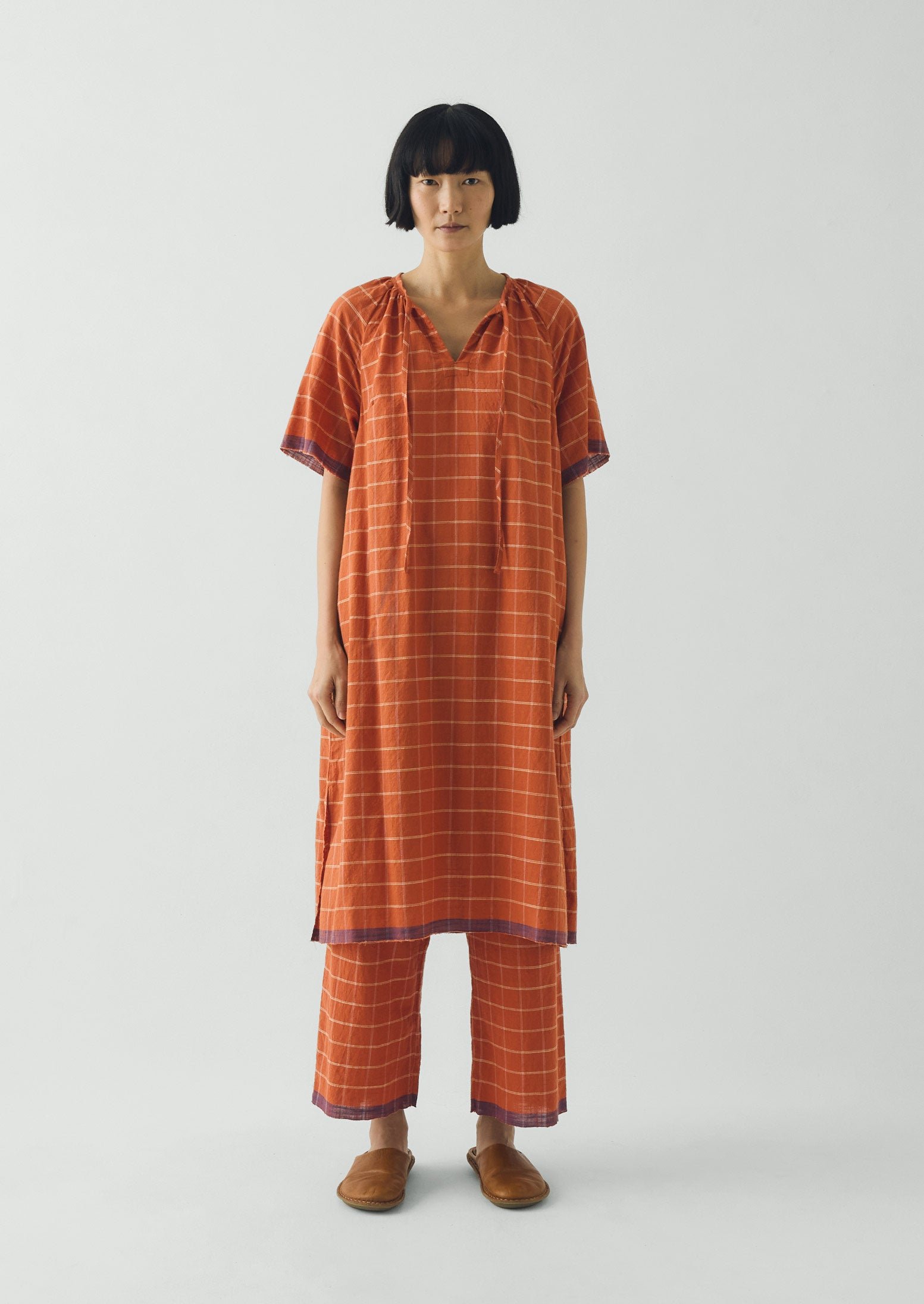 Bistrot Check Cotton Kaftan | Papaya - Image 2