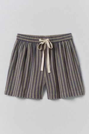 Awning Stripe Cotton Linen Pyjama Shorts | Catkin/Denim Blue