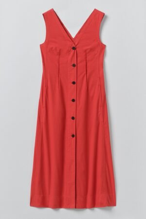 V Neck Cotton Linen Poplin Dress | Goji Berry