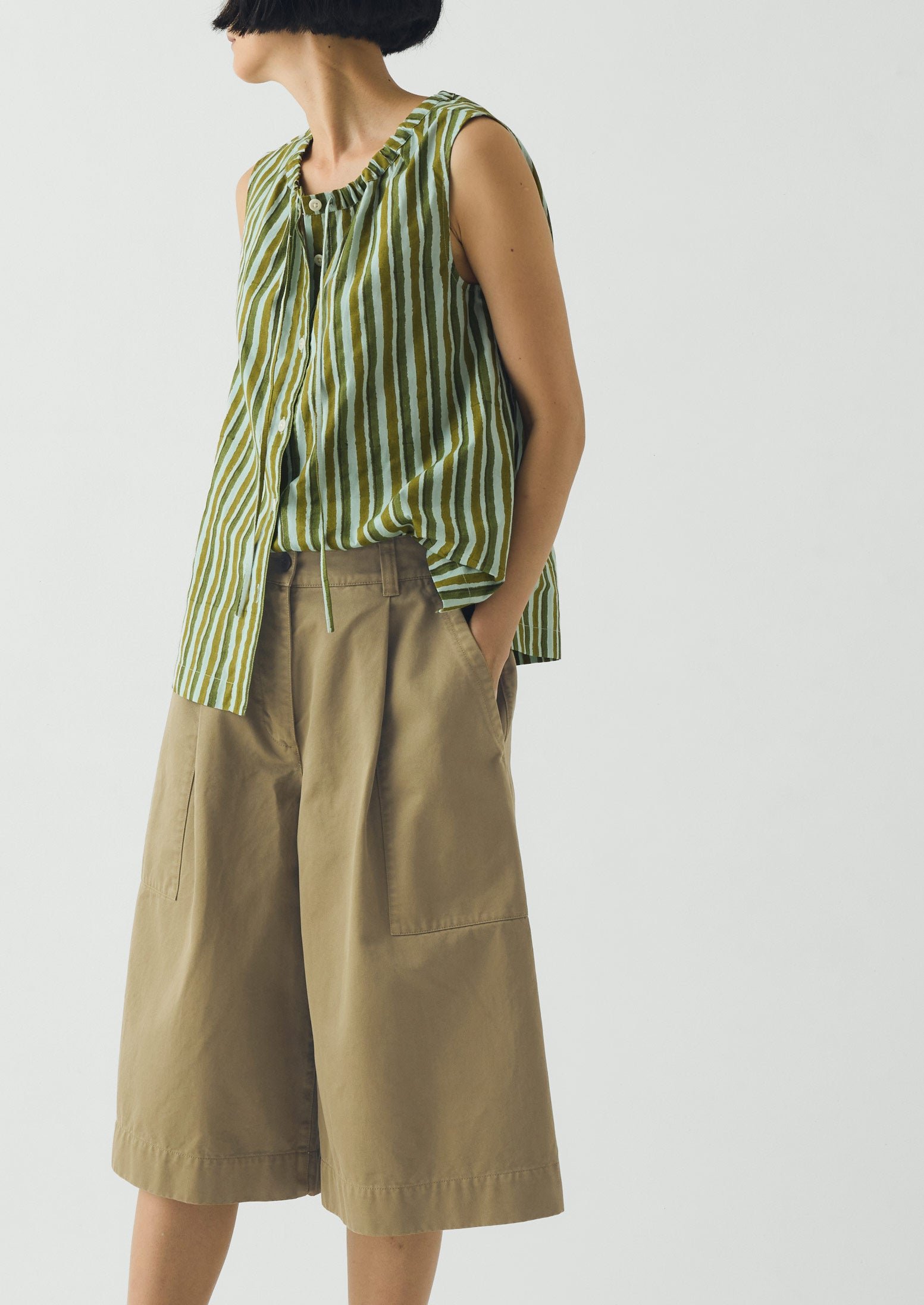 Pleated Cotton Twill Shorts | Olive Leaf - Image 2